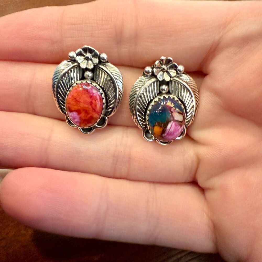 Southwestern Plum Spiny Oyster Turquoise Carved Floral Sterling Silver Earrings